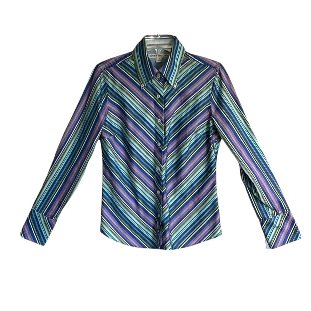 Tommy Hilfiger Spring Cotton Vibrant Mardi-Gras Multicolor Striped Shirt